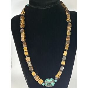 Native American Natural Tiger's Eye and Turquoise Necklace Adjustable